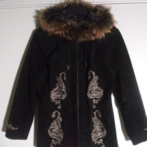 EMC, Fall/Winter, Black Suede Embroidery Parka, Size L